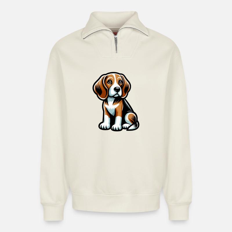 Beagle cartoon Chien mignon - Sweat unisexe décontracté en coton biologique à demi-zip – de SPREAD - blanc cassé