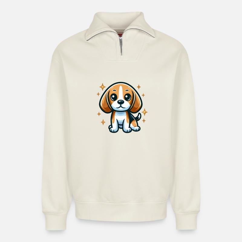 Beagle Chibi Dog - Relaxed Unisex Organic Half Zip Sweatshirt – by SPREAD - off white
