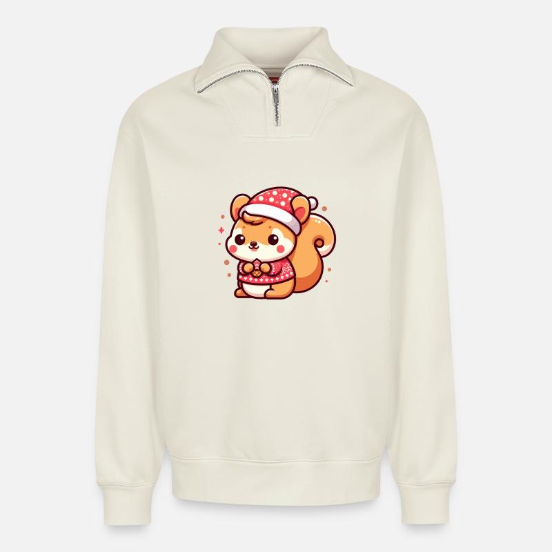 Mignon écureuil de Noël - Sweat unisexe décontracté en coton biologique à demi-zip – de SPREAD - blanc cassé
