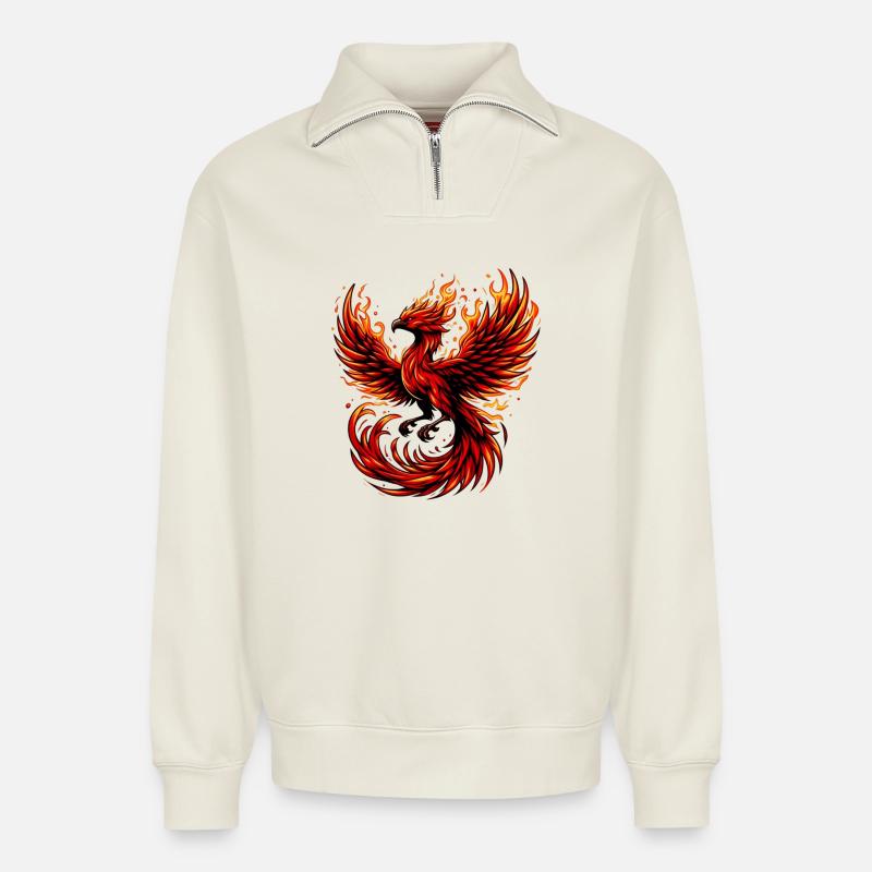 Roter Phönix - Relaxed Unisex Organic Half Zip Sweatshirt – von SPREAD - Naturweiß