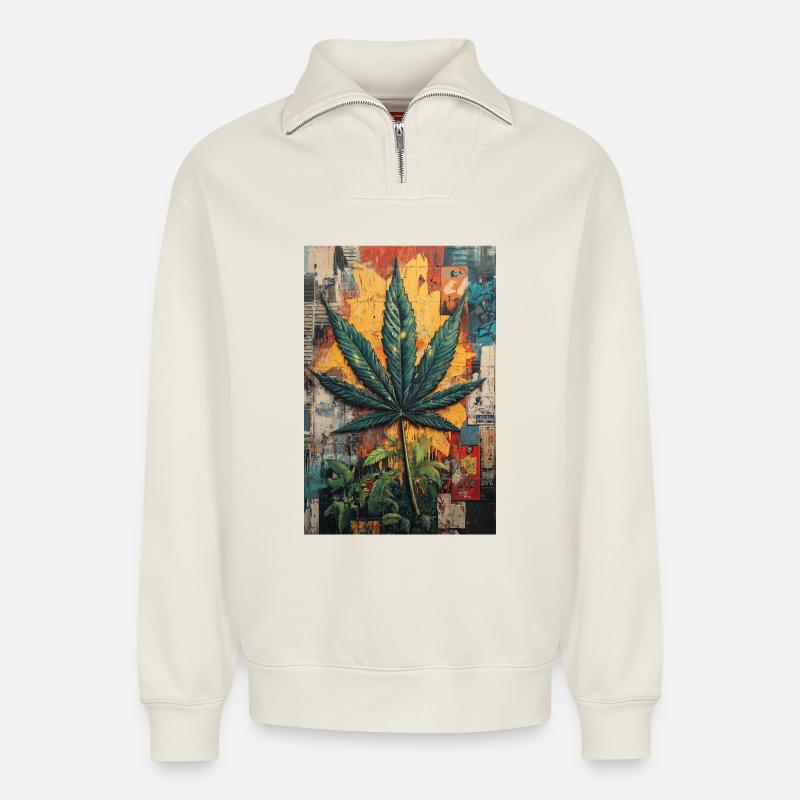 Graffiti Hanfblatt Wandkunst - Relaxed Unisex Organic Half Zip Sweatshirt – von SPREAD - Naturweiß
