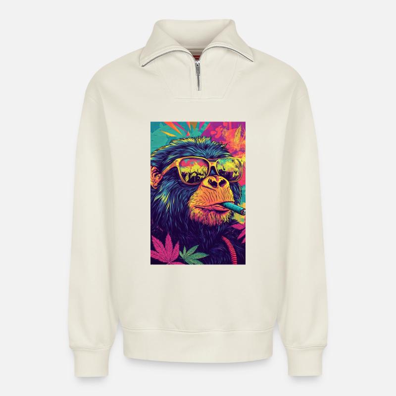 Psychedelischer Affe mit Sonnenbrille - Relaxed Unisex Organic Half Zip Sweatshirt – von SPREAD - Naturweiß