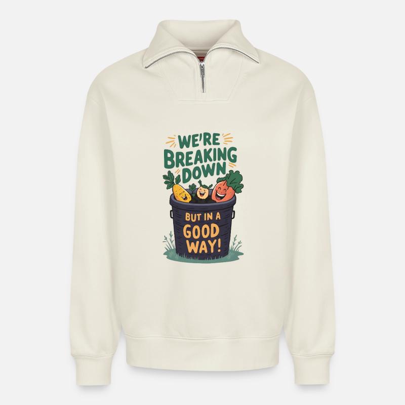 Breaking Down Compost - Relaxed Unisex Organic Half Zip Sweatshirt – by SPREAD - off white