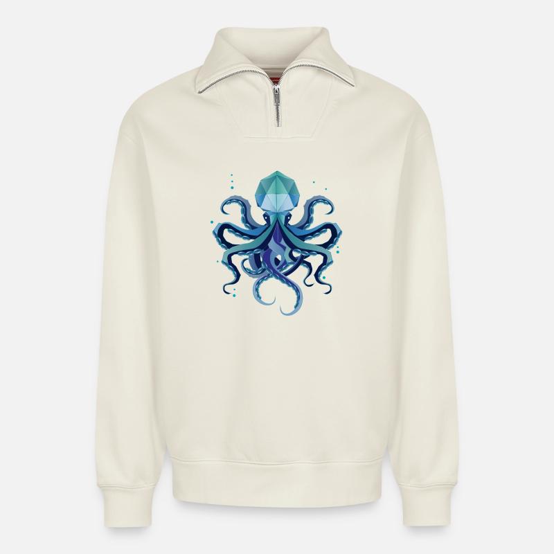Squid – Mystical deep-sea creature - Relaxed Unisex Organic Half Zip Sweatshirt – by SPREAD - off white
