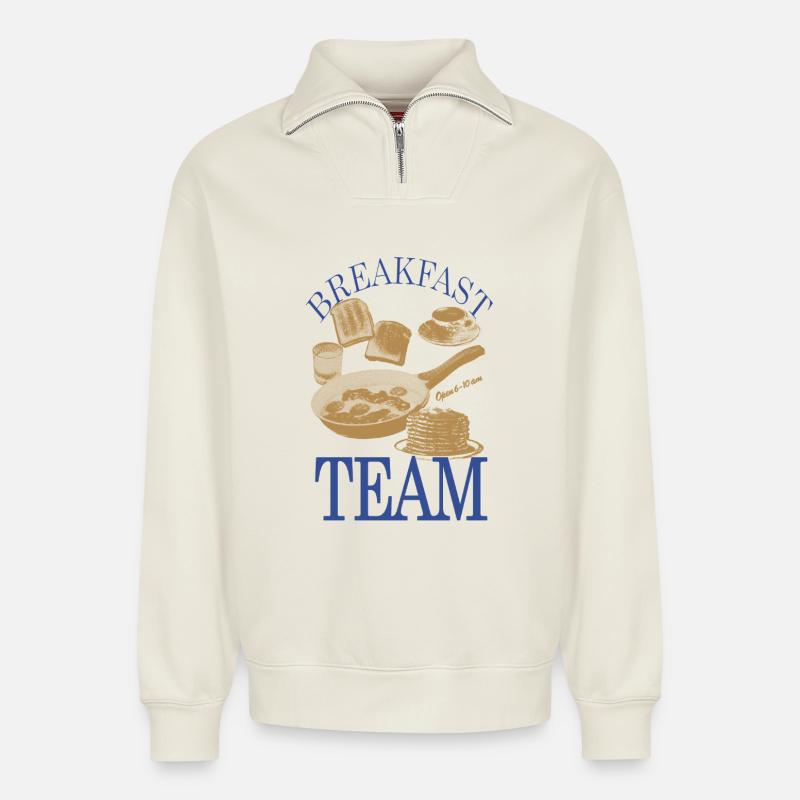 Breakfast Team – Retro Frühstücks-Motiv - Relaxed Unisex Organic Half Zip Sweatshirt – von SPREAD - Naturweiß