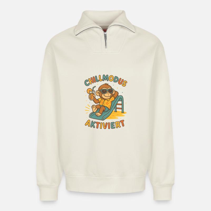 Chill Mode Enabled Monkey - Relaxed Unisex Organic Half Zip Sweatshirt – by SPREAD - off white
