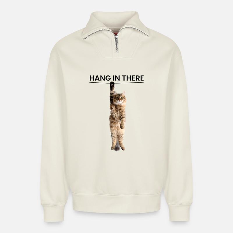 Accrochez-vous - Édition chat mignon - Sweat unisexe décontracté en coton biologique à demi-zip – de SPREAD - blanc cassé