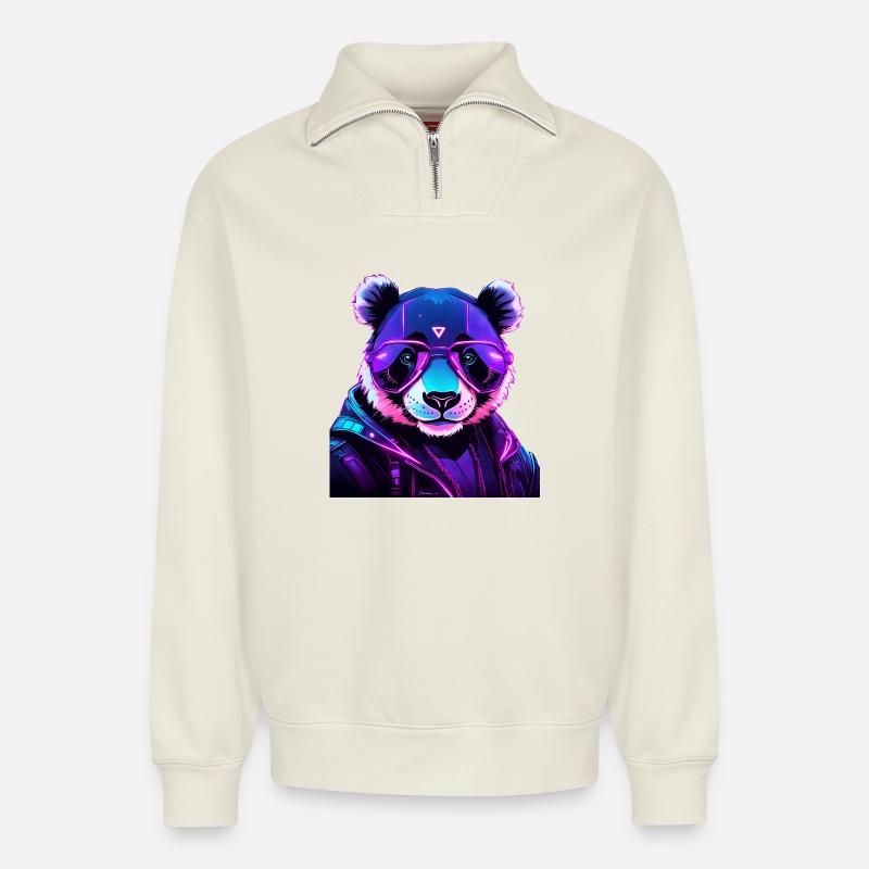 Cyberpunk Panda mit Neonbrille - Relaxed Unisex Organic Half Zip Sweatshirt – von SPREAD - Naturweiß