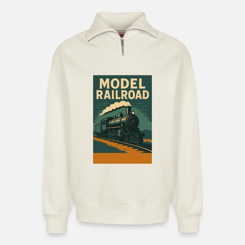Model Train Illustration - Relaxed Unisex Organic Half Zip Sweatshirt – by SPREAD - off white