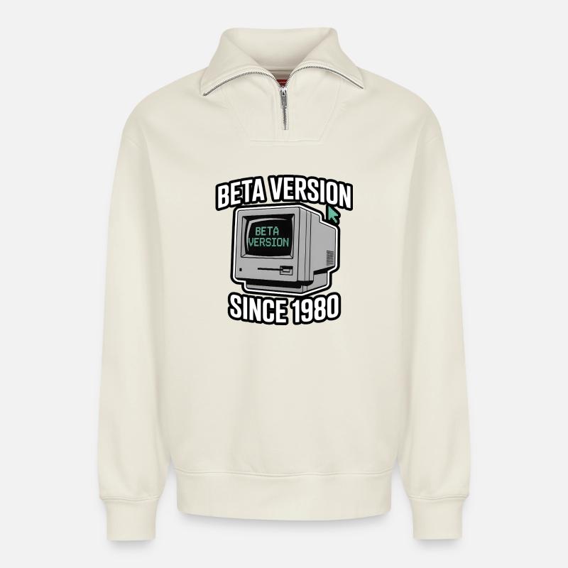 Retro Computer Beta Version Design - Relaxed Unisex Organic Half Zip Sweatshirt – by SPREAD - off white