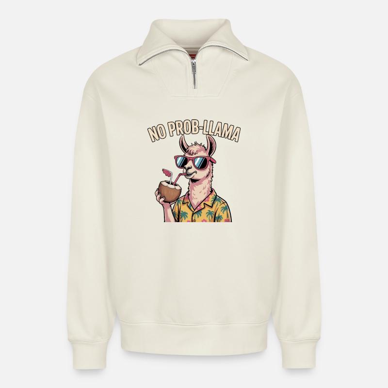 Kein Problem, ein lustiges Lama - Relaxed Unisex Organic Half Zip Sweatshirt – von SPREAD - Naturweiß