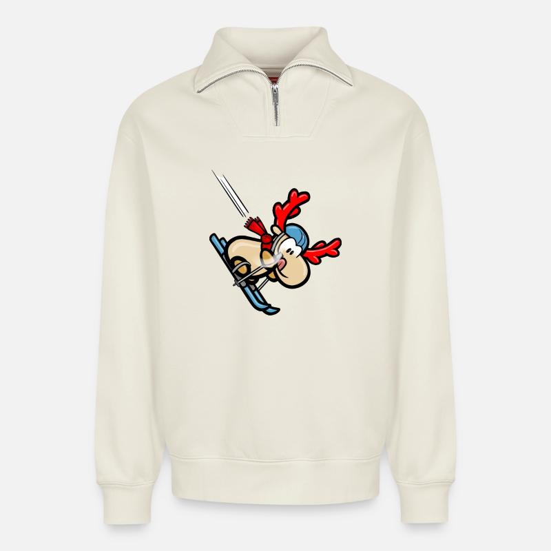 Comic-Rentier Elmondo bei der Skiabfahrt - Relaxed Unisex Organic Half Zip Sweatshirt – von SPREAD - Naturweiß