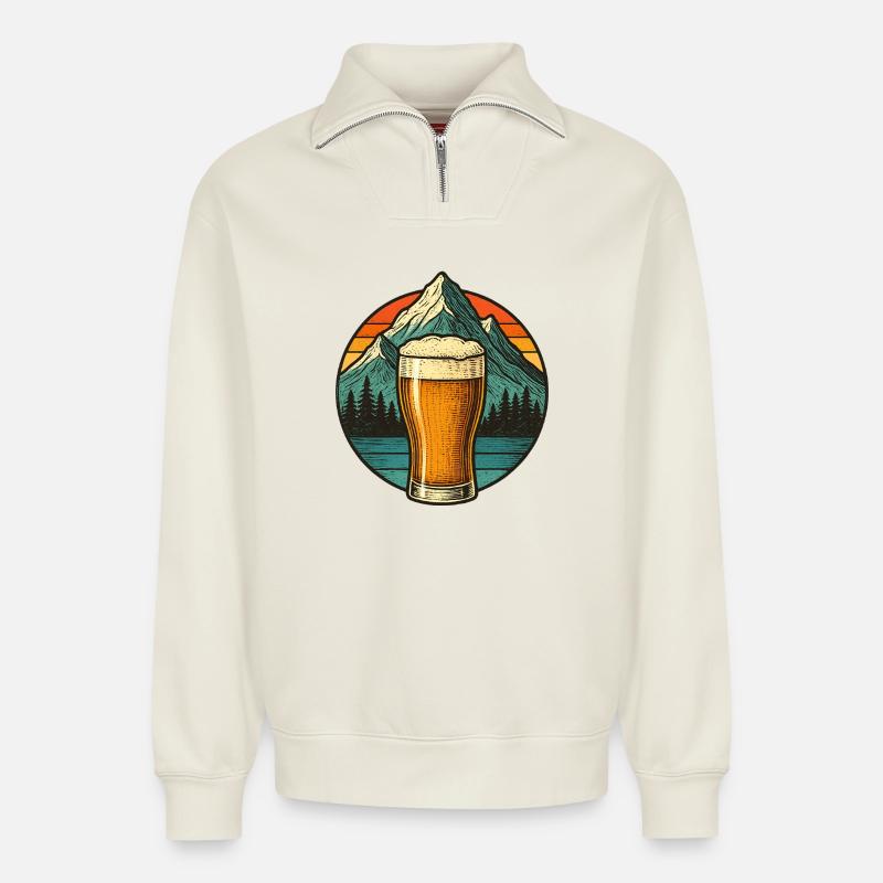 Bergblick mit Bierglas Design - Relaxed Unisex Organic Half Zip Sweatshirt – von SPREAD - Naturweiß