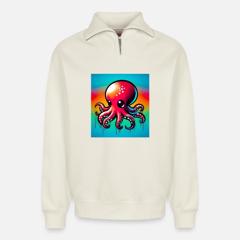 Krake - Relaxed Unisex Organic Half Zip Sweatshirt – von SPREAD - Naturweiß