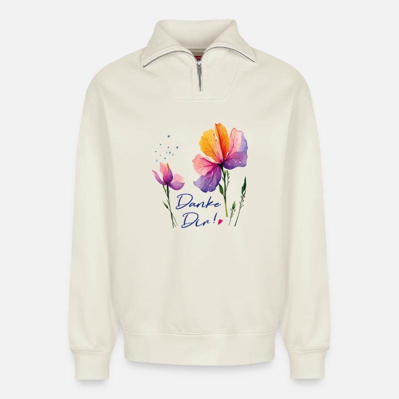  Danke Dir - Relaxed Unisex Organic Half Zip Sweatshirt – von SPREAD - Naturweiß