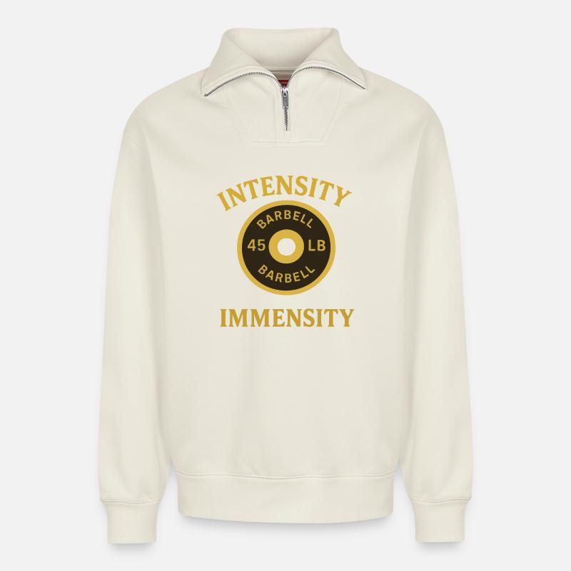 Intensive Barbell Weights Design - Relaxed Unisex Organic Half Zip Sweatshirt – by SPREAD - off white