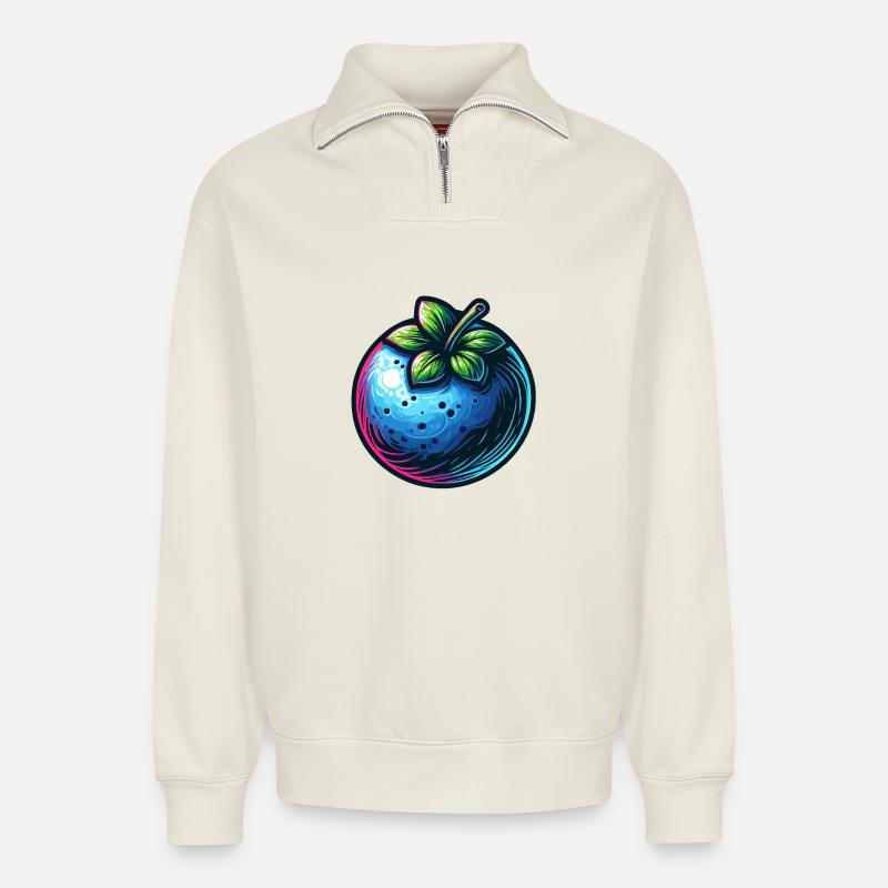 Baie Bleue Néon et Feuillage - Sweat unisexe décontracté en coton biologique à demi-zip – de SPREAD - blanc cassé