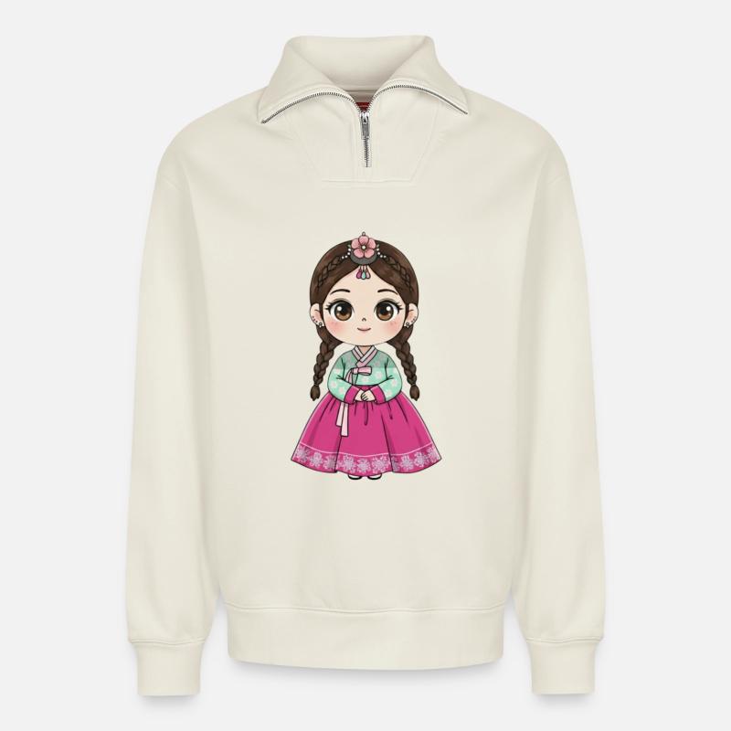 Chibi Hanbok Candy Dream Chaewon - Sweat unisexe décontracté en coton biologique à demi-zip – de SPREAD - blanc cassé