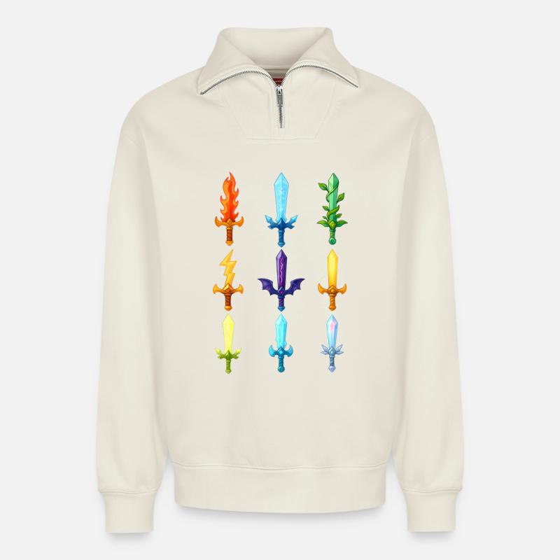 Bunte Fantasy Schwerter Design - Relaxed Unisex Organic Half Zip Sweatshirt – von SPREAD - Naturweiß