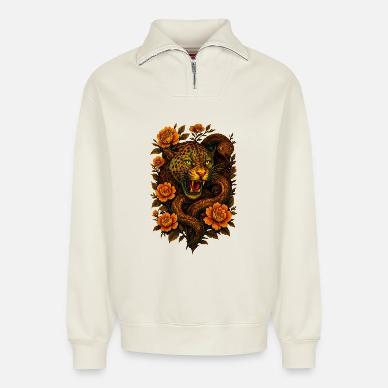 Fauchender Leopard & Schlange im Retro Design - Relaxed Unisex Organic Half Zip Sweatshirt – von SPREAD - Naturweiß
