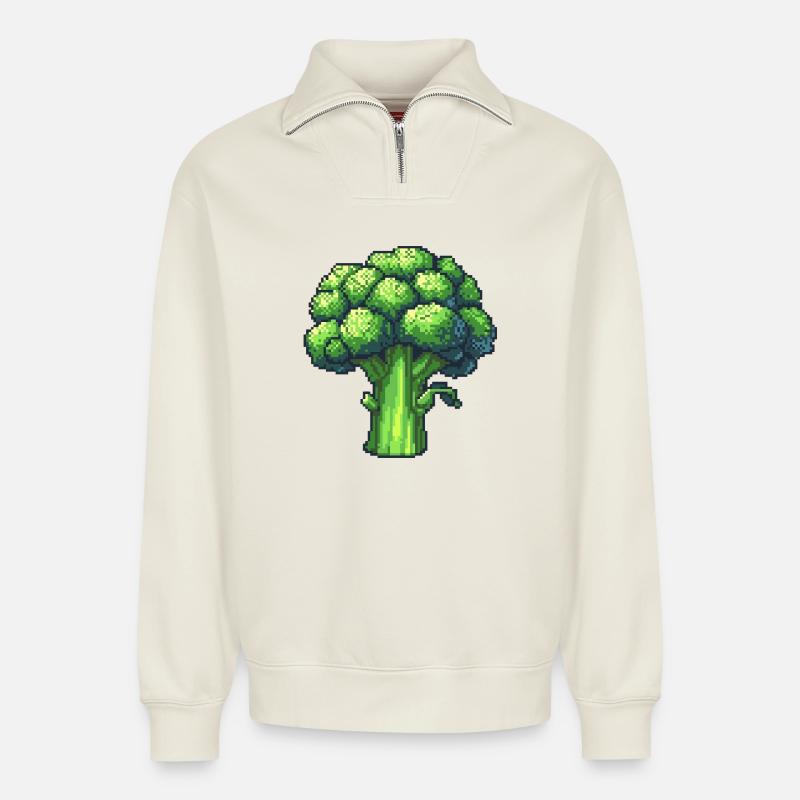Fresh Pixel Broccoli - Relaxed Unisex Organic Half Zip Sweatshirt – by SPREAD - off white