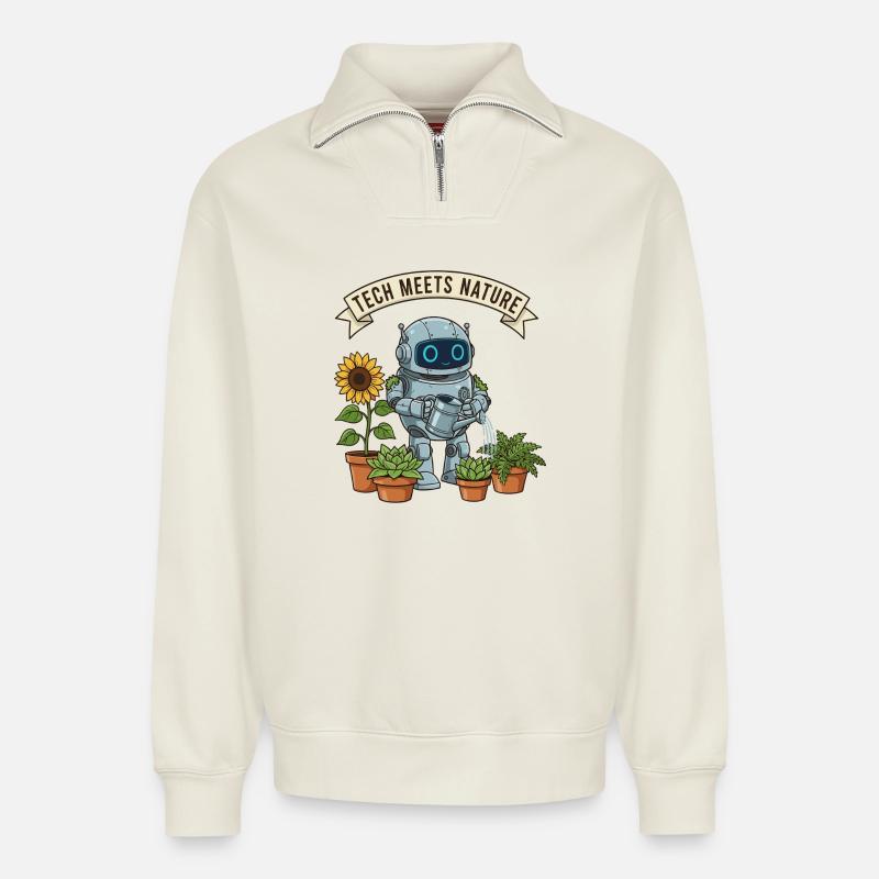 Tech trifft Natur Roboter Gärtner - Relaxed Unisex Organic Half Zip Sweatshirt – von SPREAD - Naturweiß