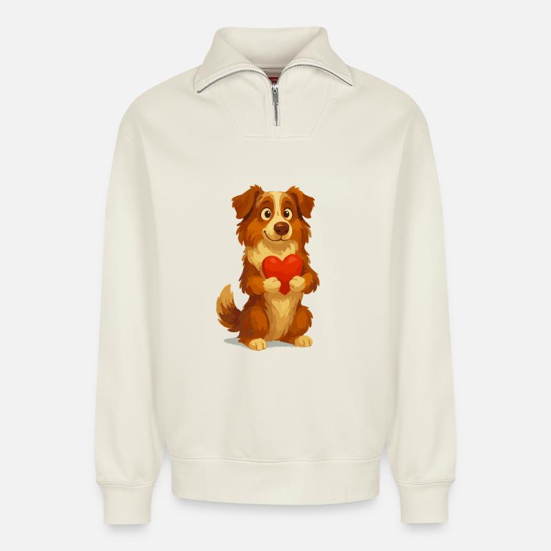 Australian Shepherd mit Herz Cartoon - Relaxed Unisex Organic Half Zip Sweatshirt – von SPREAD - Naturweiß