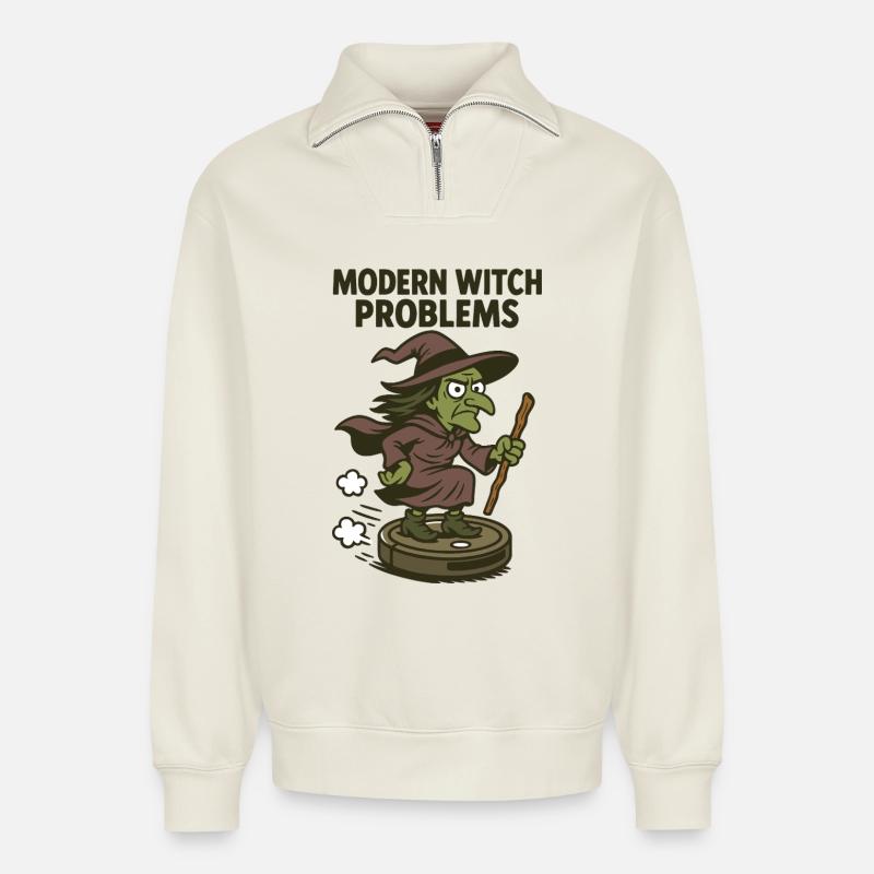 Modern Witch Problems – Lustiges Hexen Design - Relaxed Unisex Organic Half Zip Sweatshirt – von SPREAD - Naturweiß