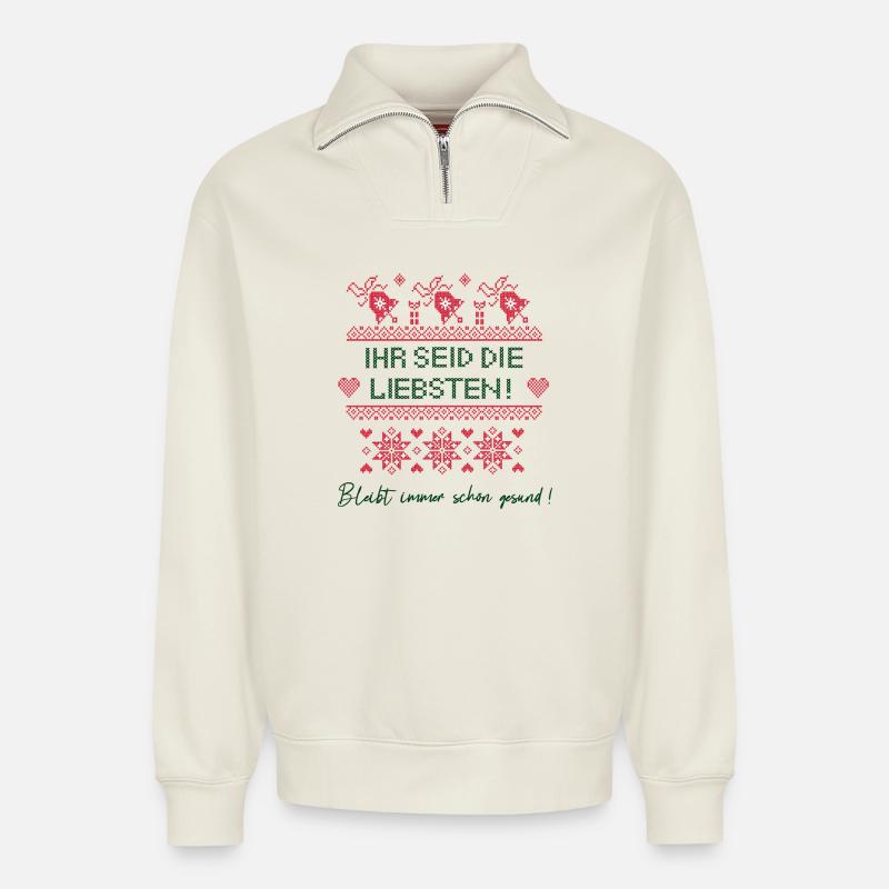 Noël - Sweat unisexe décontracté en coton biologique à demi-zip – de SPREAD - blanc cassé