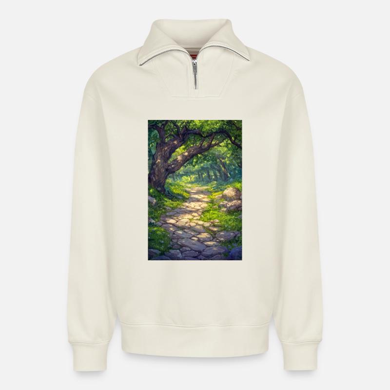 Illustration einer Waldlandschaft - Relaxed Unisex Organic Half Zip Sweatshirt – von SPREAD - Naturweiß