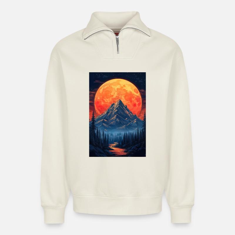 Illustration einer Gebirgslandschaft - Relaxed Unisex Organic Half Zip Sweatshirt – von SPREAD - Naturweiß