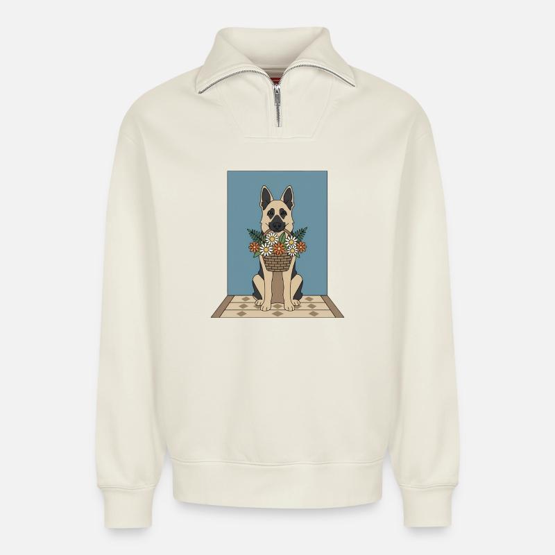 Blütenkorb Hund: Deutscher Schäferhund - Relaxed Unisex Organic Half Zip Sweatshirt – von SPREAD - Naturweiß