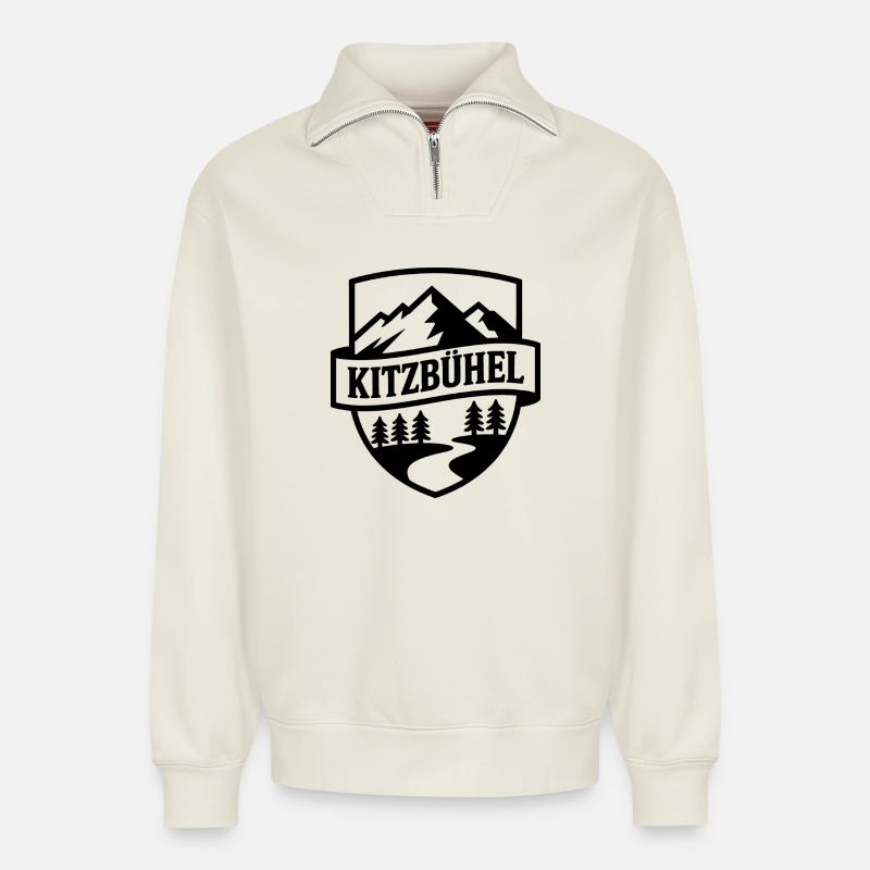 Kitzbühel - Création de souvenirs - Sweat unisexe décontracté en coton biologique à demi-zip – de SPREAD - blanc cassé