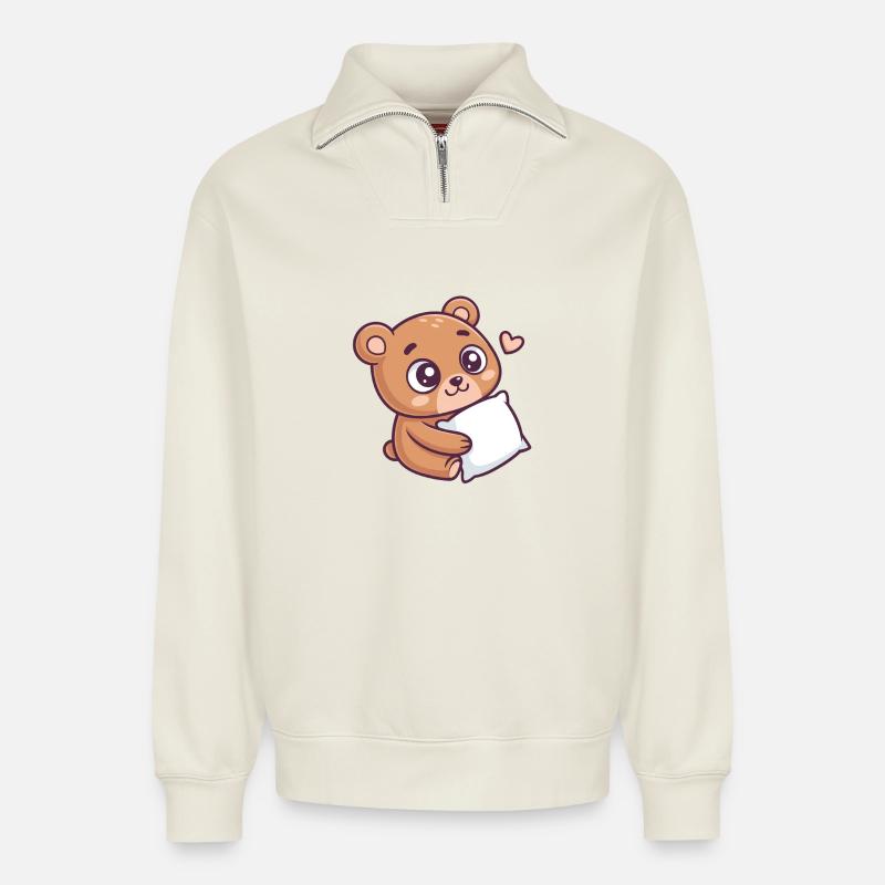 Soft Bear Cuddle Heart - Relaxed Unisex Organic Half Zip Sweatshirt – by SPREAD - off white