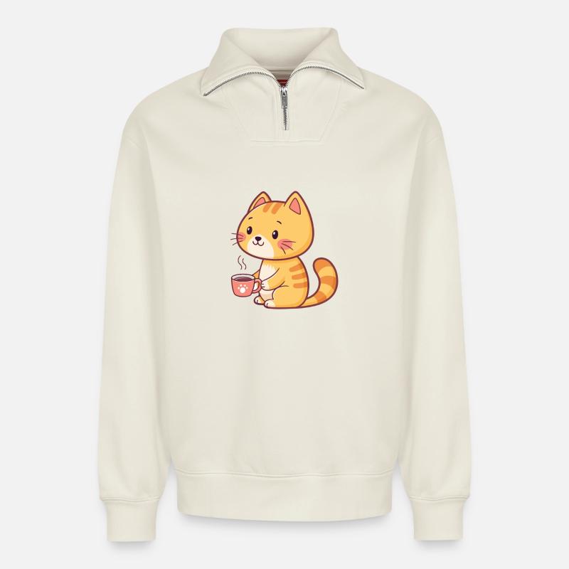 Orange Katze Kaffee-Cartoon - Relaxed Unisex Organic Half Zip Sweatshirt – von SPREAD - Naturweiß