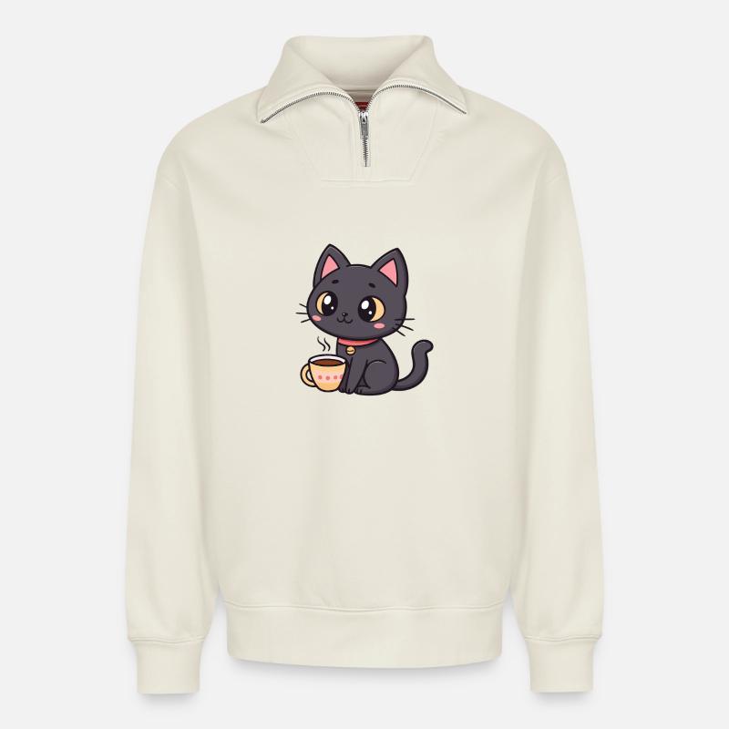 Warme schwarze Katze mit Tee - Relaxed Unisex Organic Half Zip Sweatshirt – von SPREAD - Naturweiß