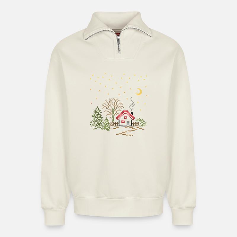 Haus mit Garten - Relaxed Unisex Organic Half Zip Sweatshirt – von SPREAD - Naturweiß