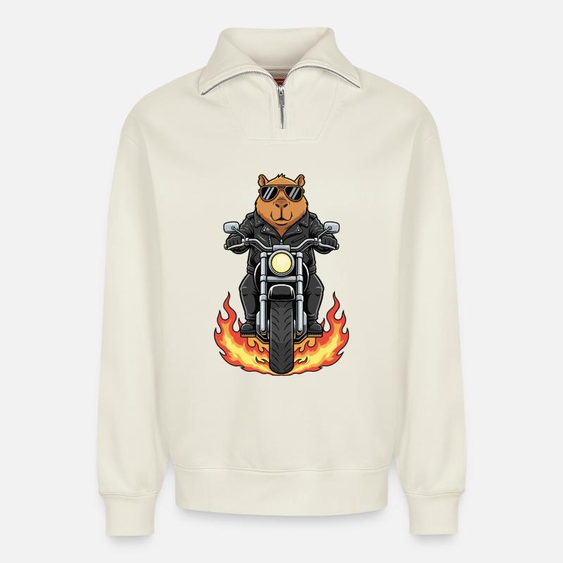 Cool Biker Capybara Motorradflammen - Relaxed Unisex Organic Half Zip Sweatshirt – von SPREAD - Naturweiß