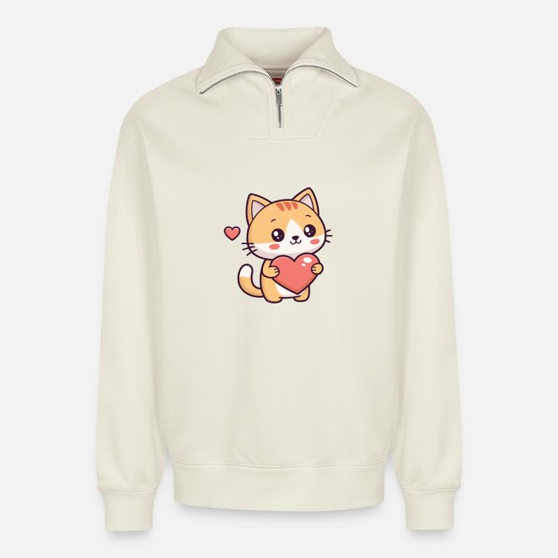 Süße Katze hält ein Herz - Relaxed Unisex Organic Half Zip Sweatshirt – von SPREAD - Naturweiß