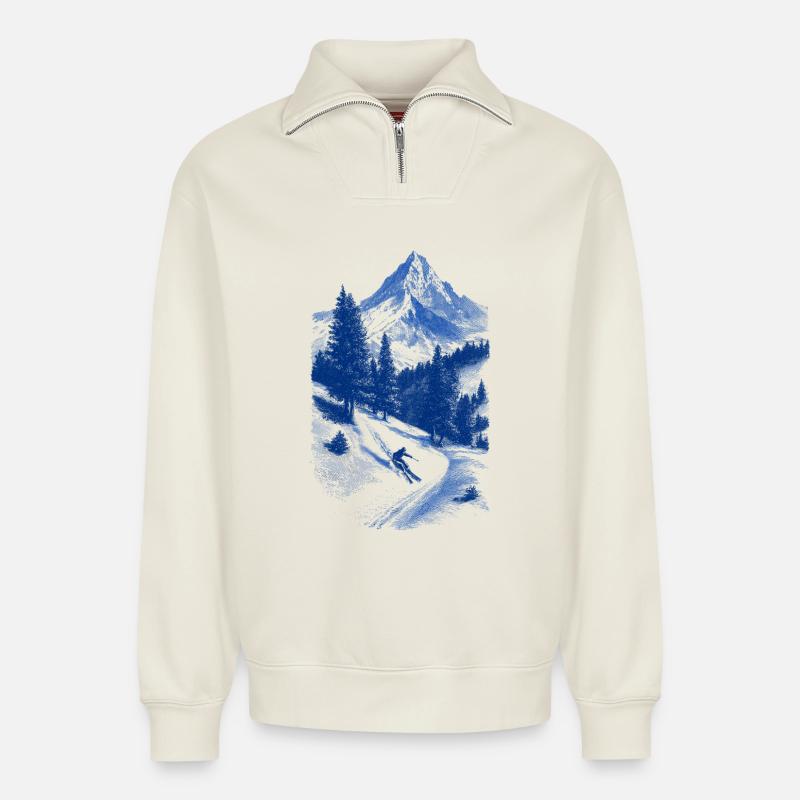 Blauer Gipfelgesicht Silhouette - Relaxed Unisex Organic Half Zip Sweatshirt – von SPREAD - Naturweiß