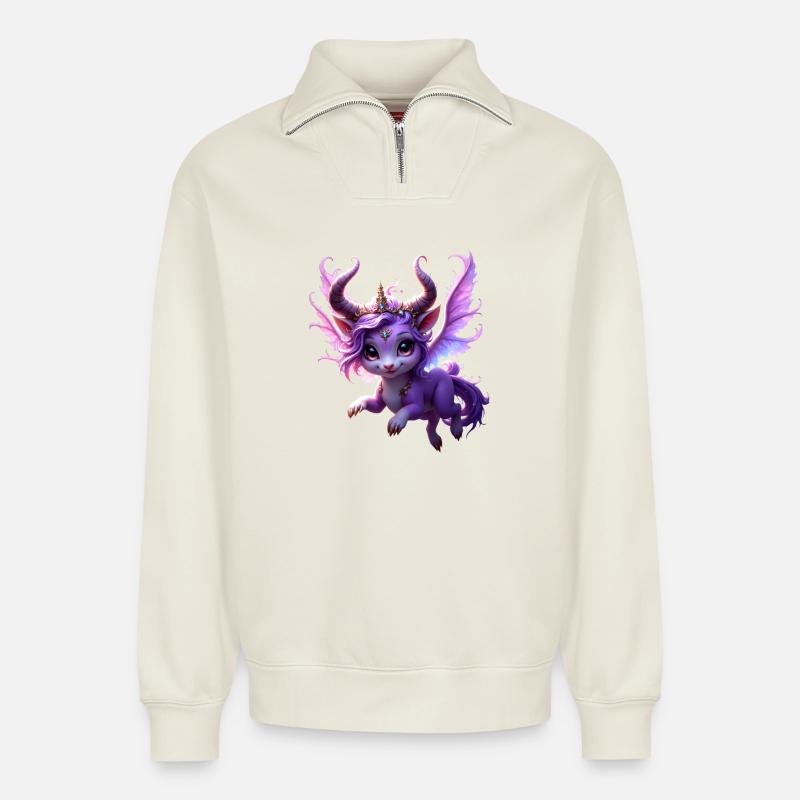 Lila Drache mit Krone - Relaxed Unisex Organic Half Zip Sweatshirt – von SPREAD - Naturweiß