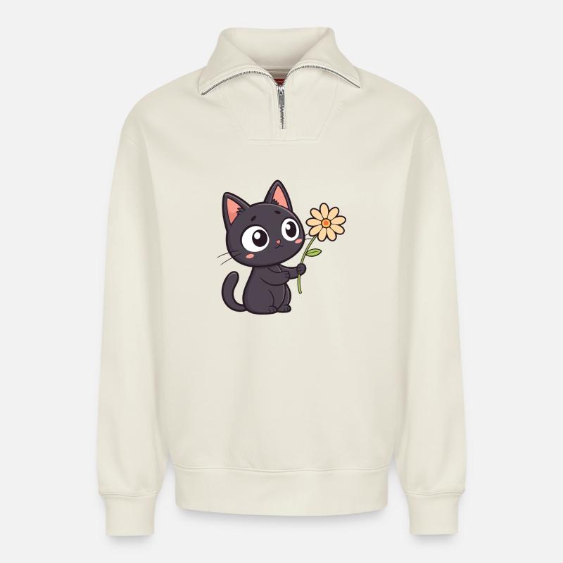 Kawaii Schwarze Katze und Gänseblümchen - Relaxed Unisex Organic Half Zip Sweatshirt – von SPREAD - Naturweiß