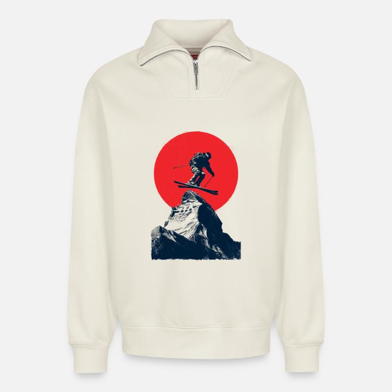 Ski jumping over rocky peaks - Relaxed Unisex Organic Half Zip Sweatshirt – by SPREAD - off white