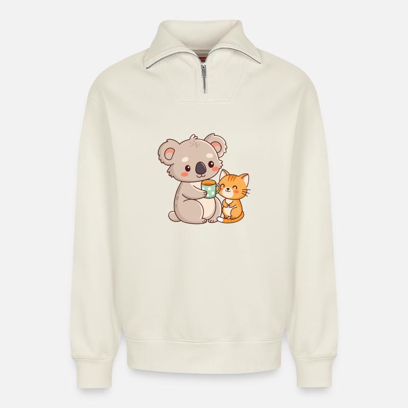 Koala und Katze Süßer Kaffee - Relaxed Unisex Organic Half Zip Sweatshirt – von SPREAD - Naturweiß