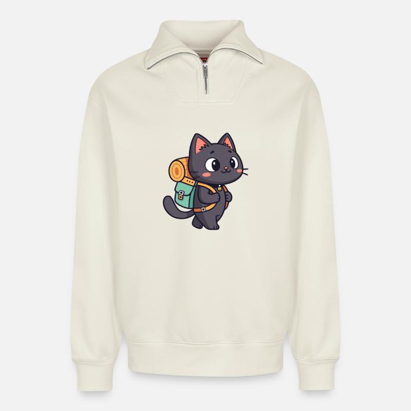 Wanderkatze mit Rucksack - Relaxed Unisex Organic Half Zip Sweatshirt – von SPREAD - Naturweiß