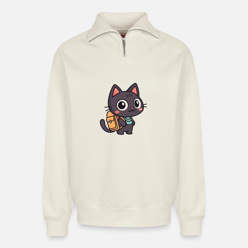 Süße Entdeckerkatze mit Schultasche - Relaxed Unisex Organic Half Zip Sweatshirt – von SPREAD - Naturweiß