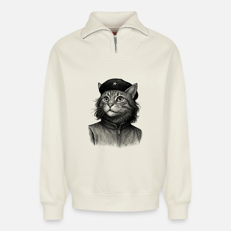 Chat avec béret - Sweat unisexe décontracté en coton biologique à demi-zip – de SPREAD - blanc cassé