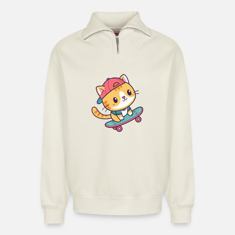Bunte Skate-Katze - Relaxed Unisex Organic Half Zip Sweatshirt – von SPREAD - Naturweiß