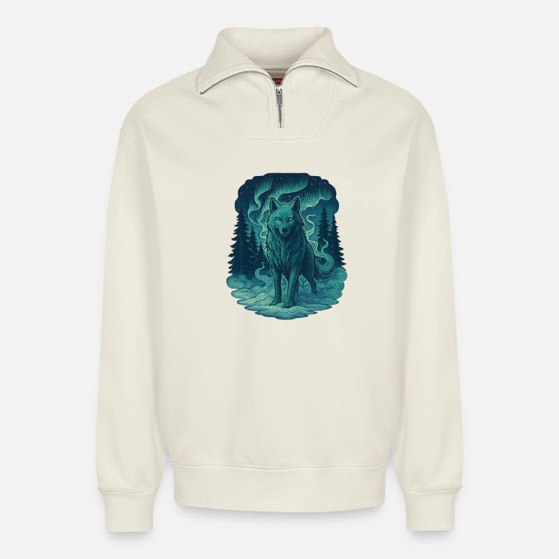 Nordlicht-Wolf im Wald - Relaxed Unisex Organic Half Zip Sweatshirt – von SPREAD - Naturweiß
