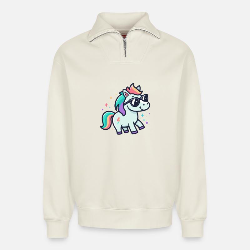 Regenbogen-Einhorn-Sonnenbrille - Relaxed Unisex Organic Half Zip Sweatshirt – von SPREAD - Naturweiß